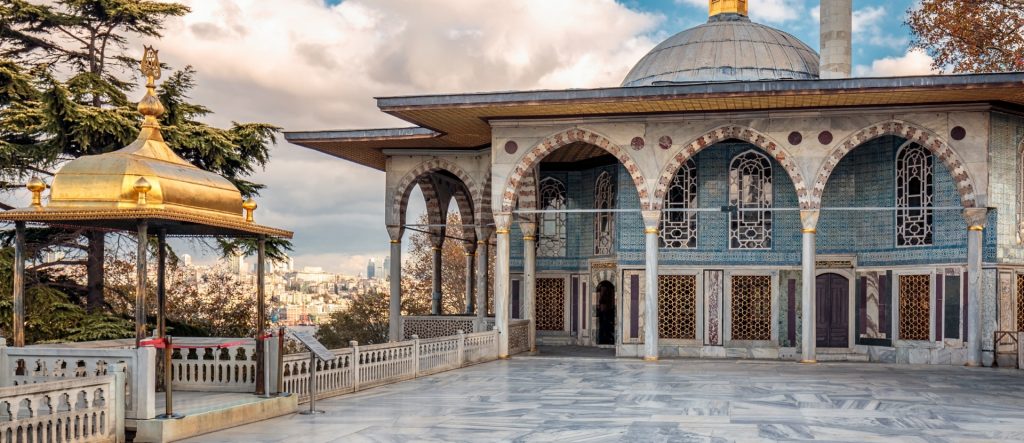 The stunning Iftar Pavilion at Topkapi Palace, its gilded canopy catching the light above the Golden Horn.