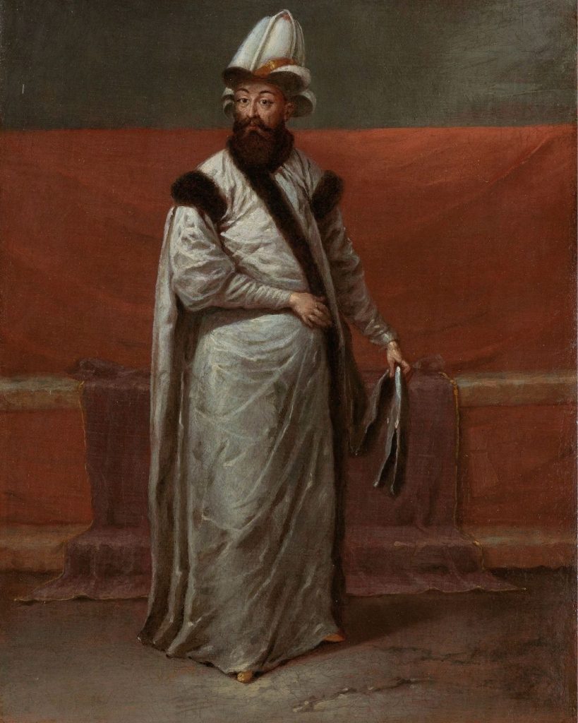 Official portrait of Grand Vizier Damat Ibrahim Pasha by Jean-Baptiste Vanmour, capturing the architect of the Tulip Era as full ratio.