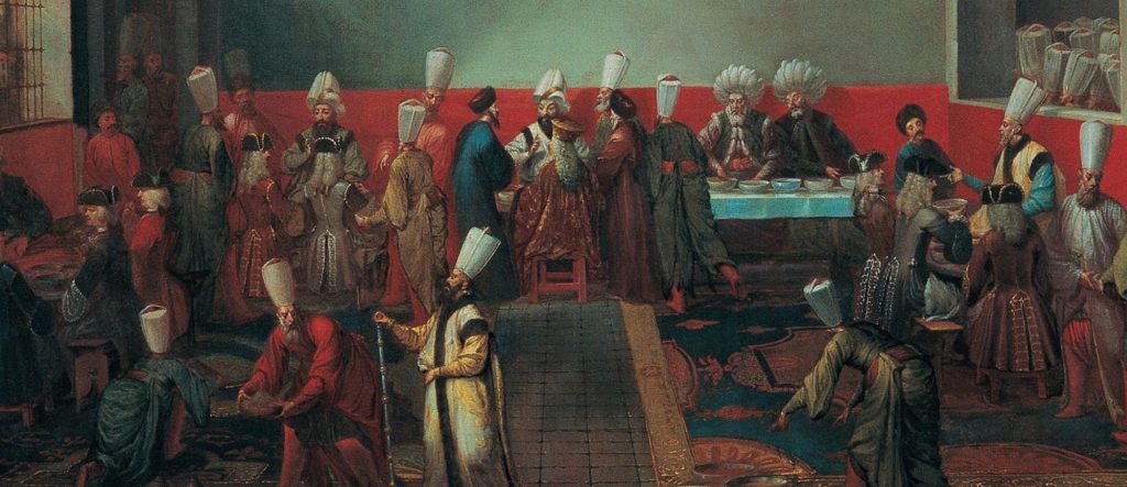 An Ottoman miniature painting of the Imperial Council (Divan-ı Hümayun) in session, showcasing the Grand Vizier and pashas engaged in Ottoman statecraft.