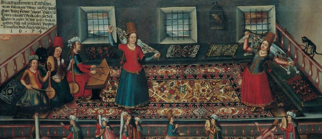 An Ottoman miniature depicting women playing musical instruments and art in the Harem of Topkapi Palace, showcasing their artistic education.