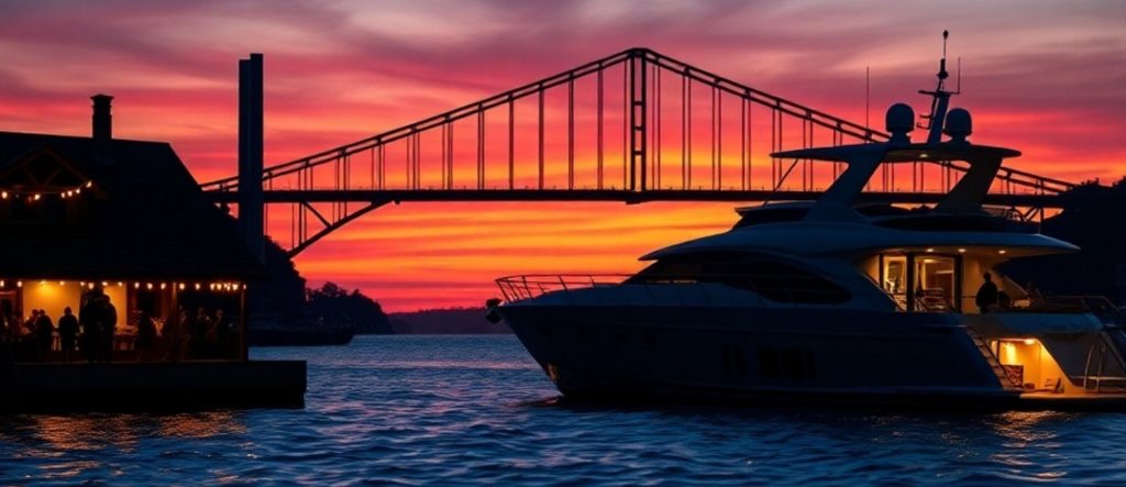 Bosphorus Boat tour while sun is setting. The bridge of Istanbul, Bosphorus is behind.