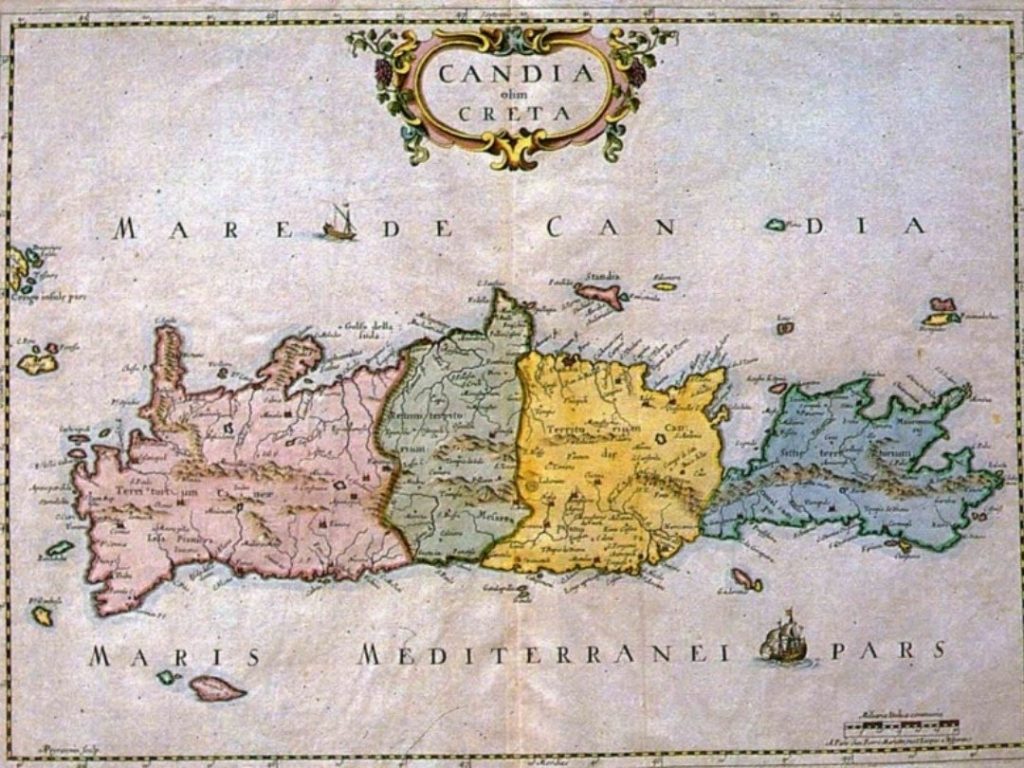 A 17th-century map of Crete (Candia), the long-standing war front that led to the Venetian blockade of the Dardanelles—a crisis Köprülü Mehmed Pasha was appointed to solve.