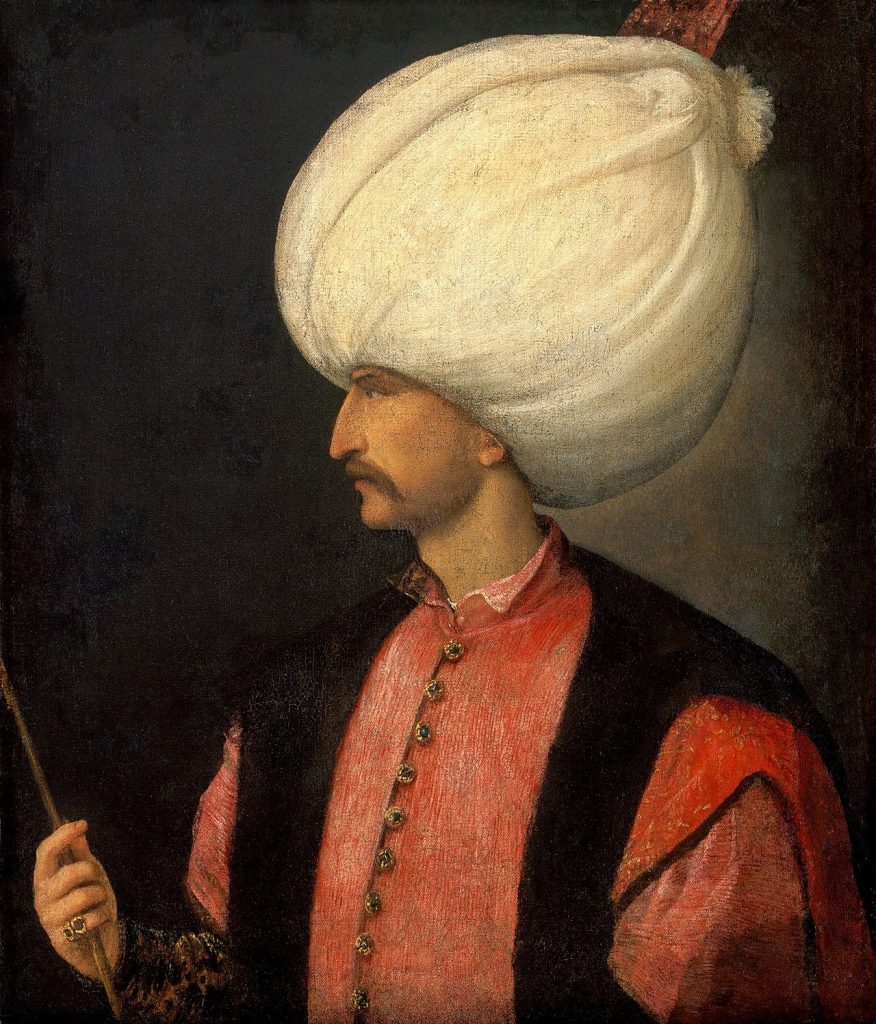 A 16th-century portrait of Sultan Suleiman the Magnificent, attributed to the master painter Titian, capturing the authority and splendor of the Ottoman Golden Age ruler.