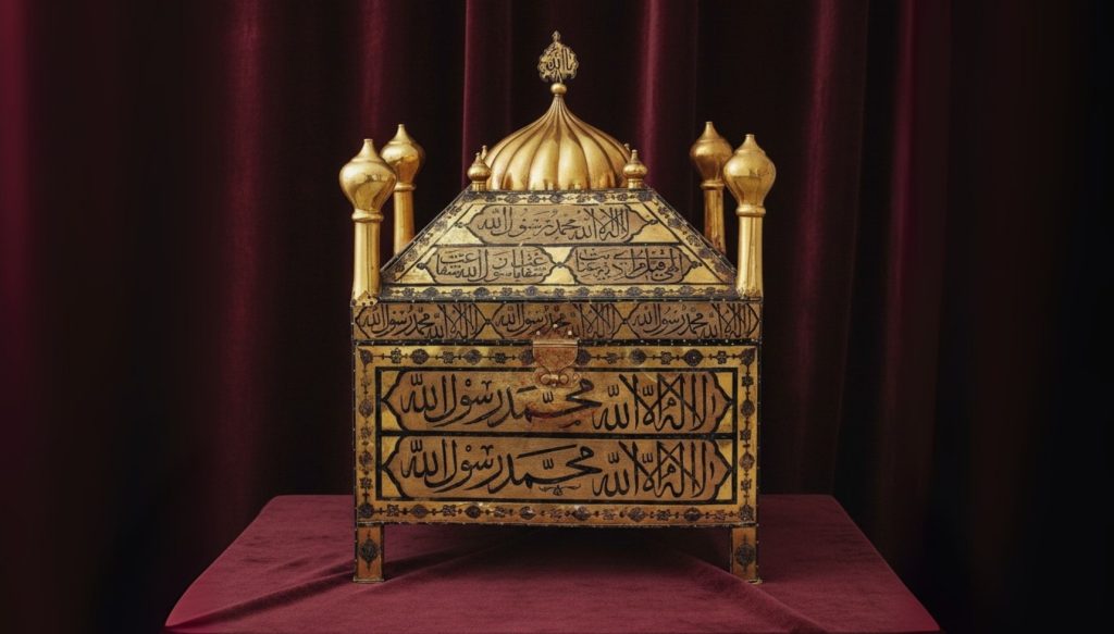 The magnificent golden caskets (mahfaza) that protect the Holy Mantle of the Prophet Muhammad (Hırka-i Saadet), the spiritual heart of the Holy Relics collection at Topkapi Palace.
