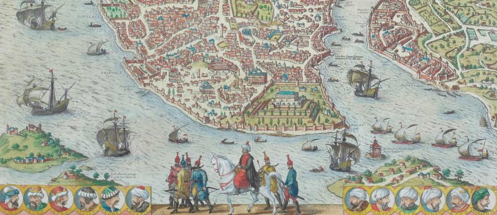 An Ottoman miniature-style illustration of a caravan crossing a world map, representing the stories and global reach of the Imperial Journal.