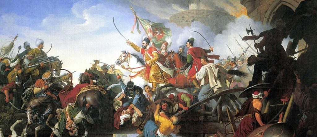 A dramatic painting of Sultan Suleiman the Magnificent, heroically leading his troops in battle, a testament to the power and prestige of the Ottoman Empire at its absolute zenith.