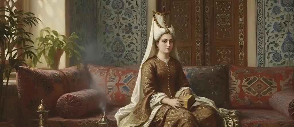An elegant portrait of Mihrimah Sultan, the influential Ottoman princess and daughter of Suleiman the Magnificent, renowned for her wealth and patronage of the great architect Mimar Sinan.
