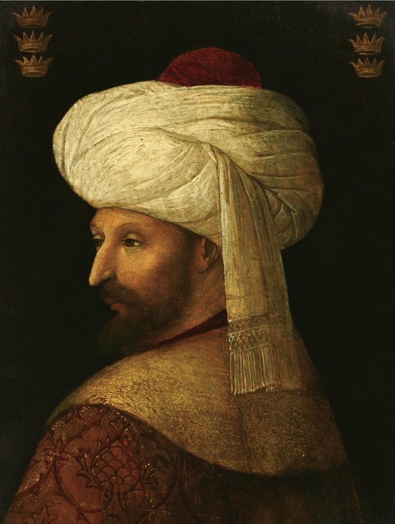 An iconic Renaissance portrait of Sultan Mehmed the Conqueror, painted in the style of the Venetian master Gentile Bellini, capturing his intellectual and sovereign presence.