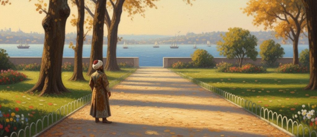 In Gülhane Park, an Ottoman figure looking out over the Bosphorus from a path, symbolizing the transformation of the Sultan's private garden into a public space.