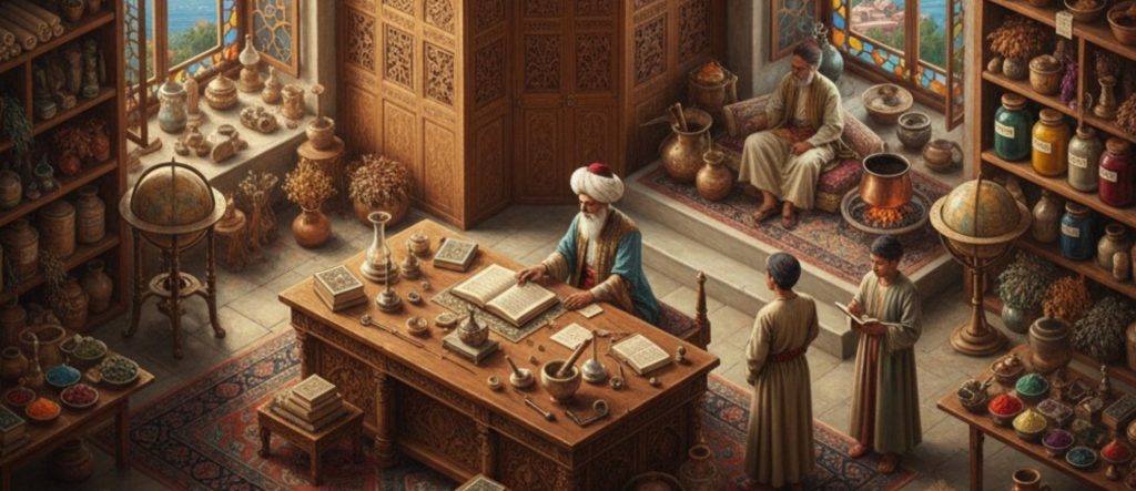 An Ottoman Palace Medicine was ruled by Hekimbaşı (Chief Physician) and his apprentices in a workshop at Topkapı Palace, surrounded by books, herbs, and scientific instruments, practicing..