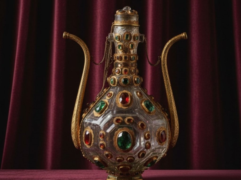 A breathtaking crystal ewer from the Imperial Treasury, its surface studded with large emeralds and rubies and its handles made of solid gold, a symbol of diplomatic gift-giving.
