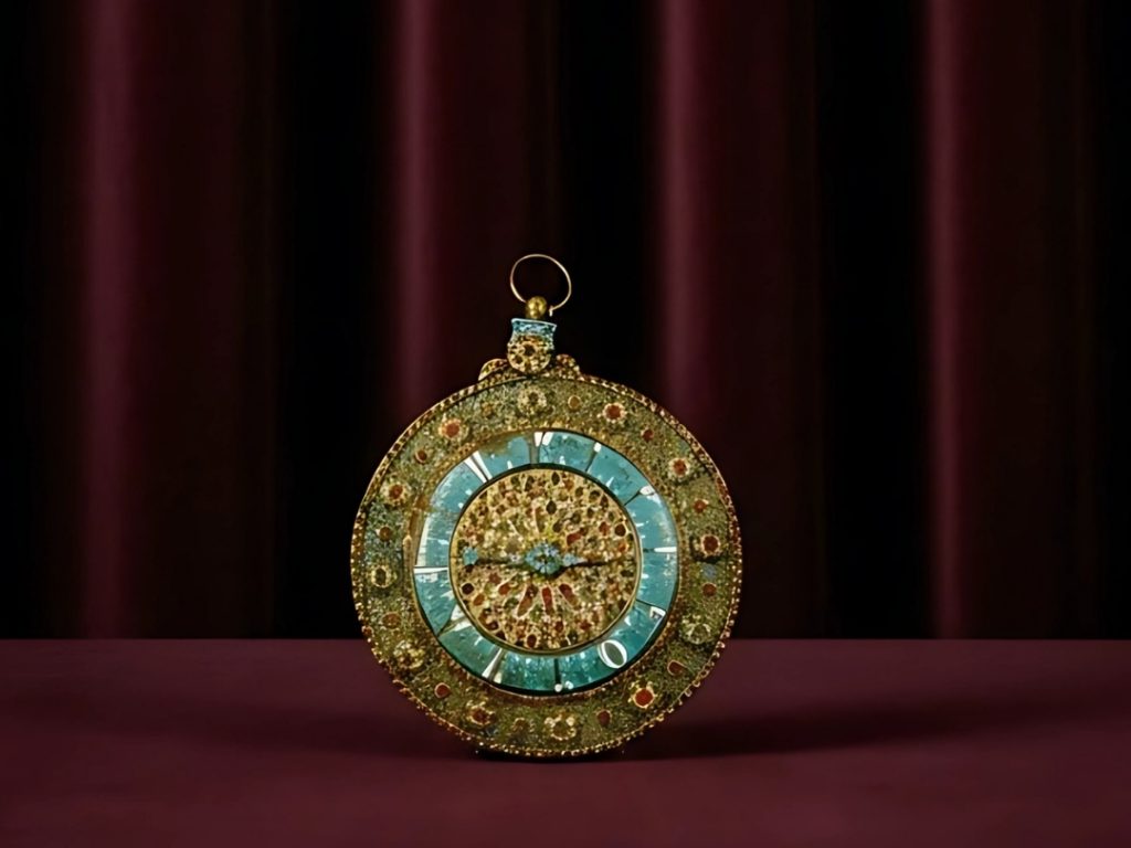 An extraordinarily ornate pocket watch from the Topkapi Palace collection, its face crafted from turquoise and its case encrusted with diamonds and rubies, a gift to the Ottoman court.
