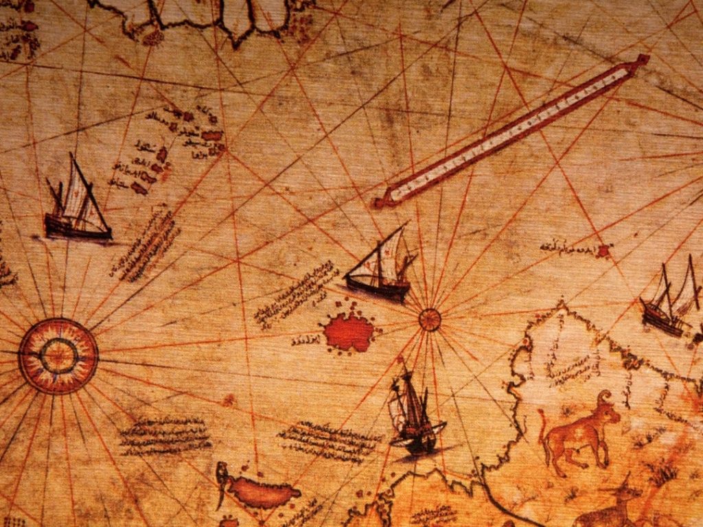 A detail of the legendary Piri Reis Map from the Topkapi Palace collection, a groundbreaking 16th-century work of Ottoman cartography showing the coasts of Europe, Africa, and the Americas.