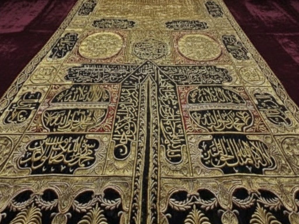 A section of the historic Kaaba cover (Kiswah), a sacred relic from the Topkapi Palace collection, featuring masterful embroidery of Quranic verses in gold and silver thread.