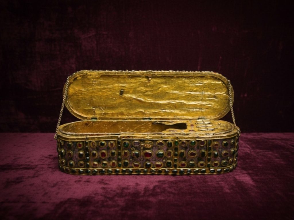 An ornate gilded pen case from the Topkapi Palace Imperial Treasury, its surface studded with rows of emeralds and rubies, a symbol of the power and artistry associated with Ottoman statecraft and calligraphy.
