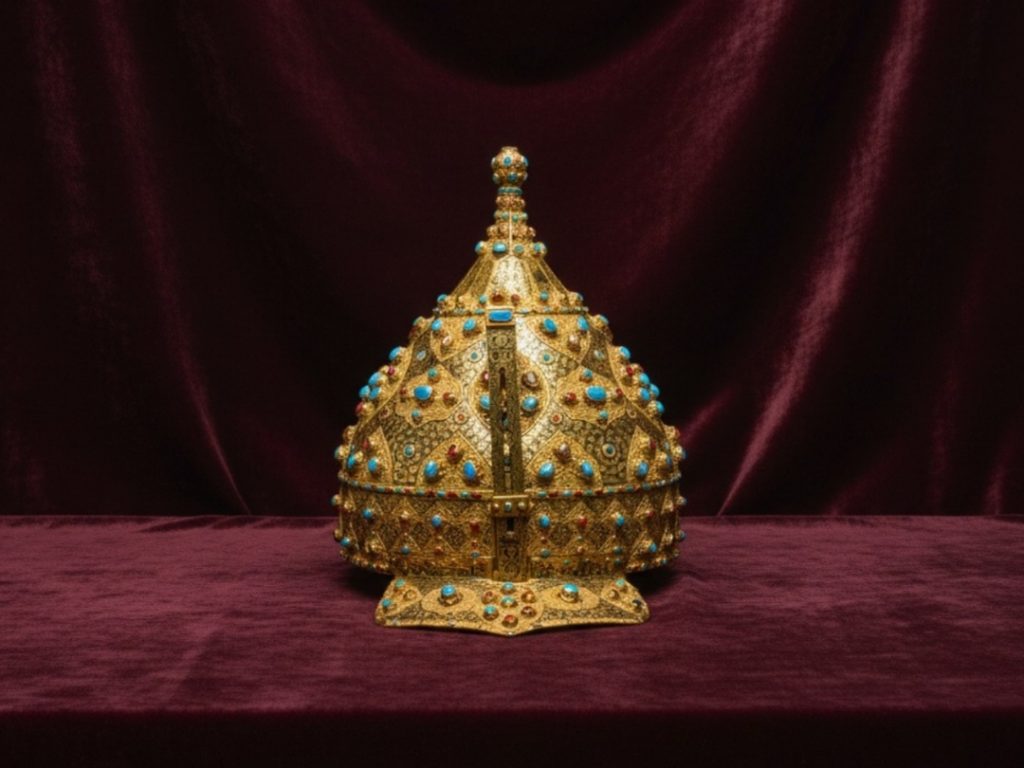 A magnificent ceremonial helmet from the Imperial Treasury, crafted from gilded gold and lavishly decorated with turquoise and rubies, designed to inspire awe on the battlefield and in the court.