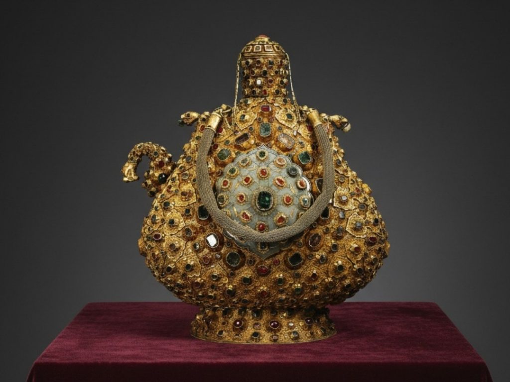 An opulent golden flask from the Imperial Treasury, its entire surface encrusted with hundreds of precious gems, showcasing the pinnacle of Ottoman goldsmithing and the empire's vast wealth