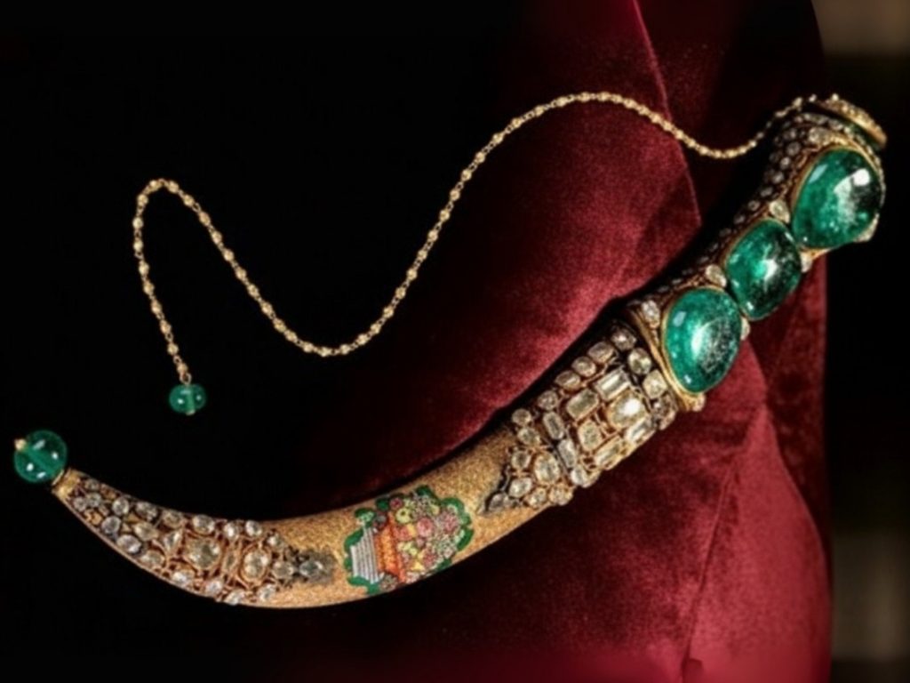 The world-famous Topkapi Dagger, a masterpiece of the Imperial Treasury, featuring three enormous emeralds on its hilt and a watch hidden in its pommel.