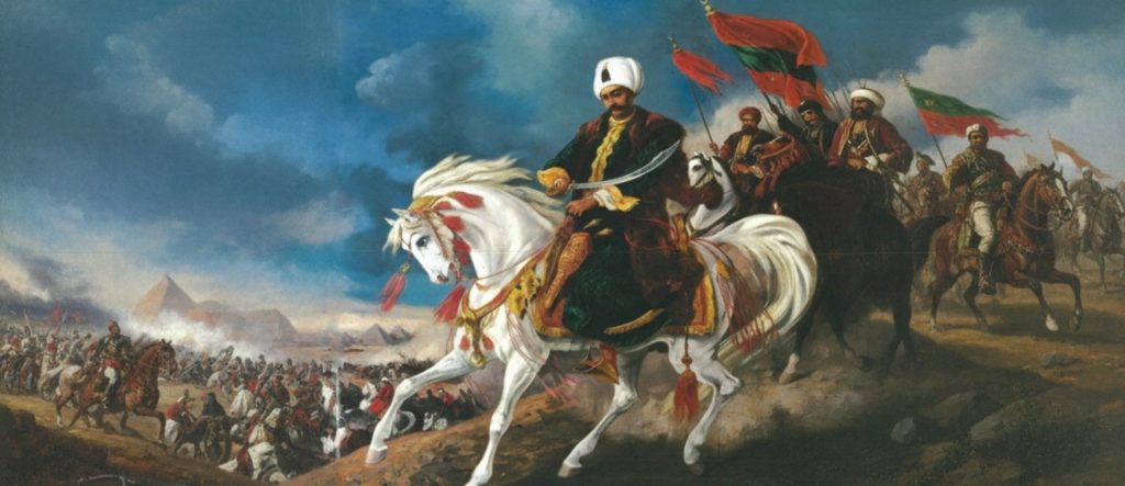 A powerful painting of Sultan Selim I, 'the Grim,' leading the Ottoman army during his conquest of Egypt, a victory that doubled the empire's territory and brought the Caliphate to Istanbul.